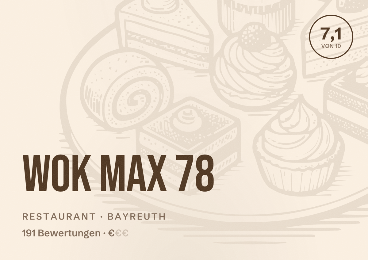 Illustriertes Poster von Wok Max 78, Restaurant in Bayreuth: Bewertung 7,1 von 10 aus 191 Bewertungen, Preisniveau €