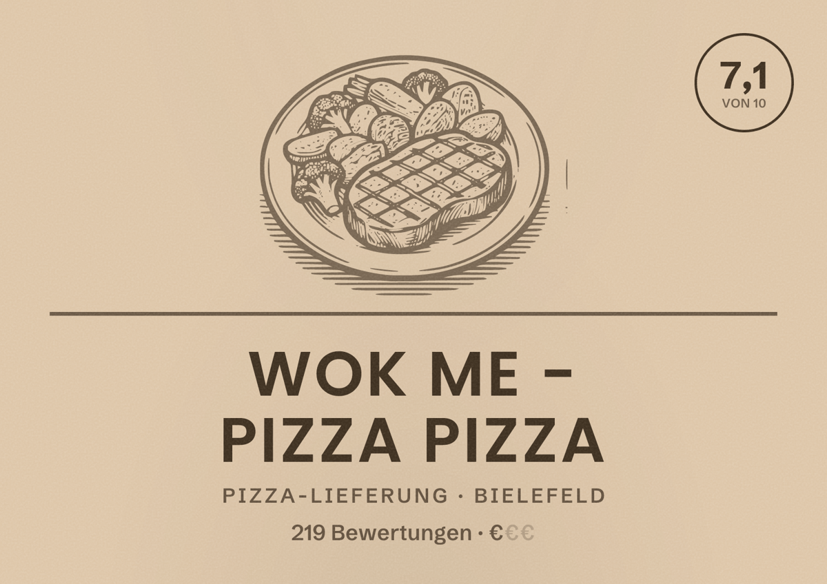 Illustriertes Poster von Wok me - Pizza Pizza, Pizza-Lieferung in Bielefeld: Bewertung 7,1 von 10 aus 219 Bewertungen, Preisniveau €