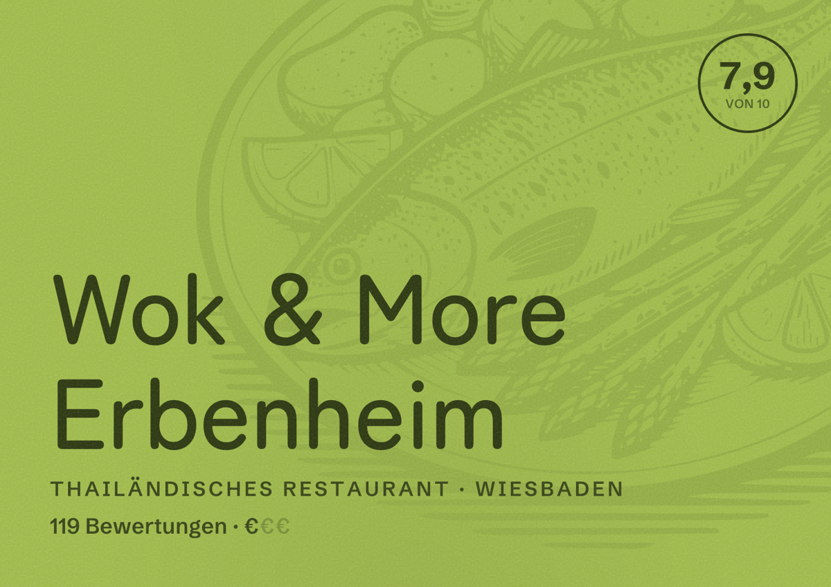 Illustriertes Poster von Wok & More Erbenheim, Thailändisches Restaurant in Wiesbaden: Bewertung 7,9 von 10 aus 119 Bewertungen, Preisniveau €
