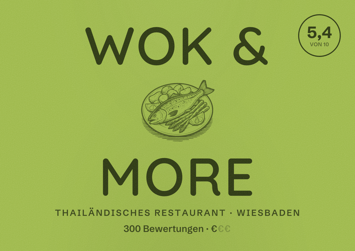 Illustriertes Poster von Wok & More, Thailändisches Restaurant in Wiesbaden: Bewertung 5,4 von 10 aus 300 Bewertungen, Preisniveau €