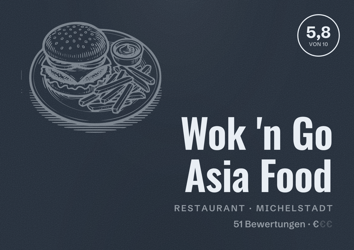 Illustriertes Poster von Wok 'n Go Asia Food, Restaurant in Michelstadt: Bewertung 5,8 von 10 aus 51 Bewertungen, Preisniveau €