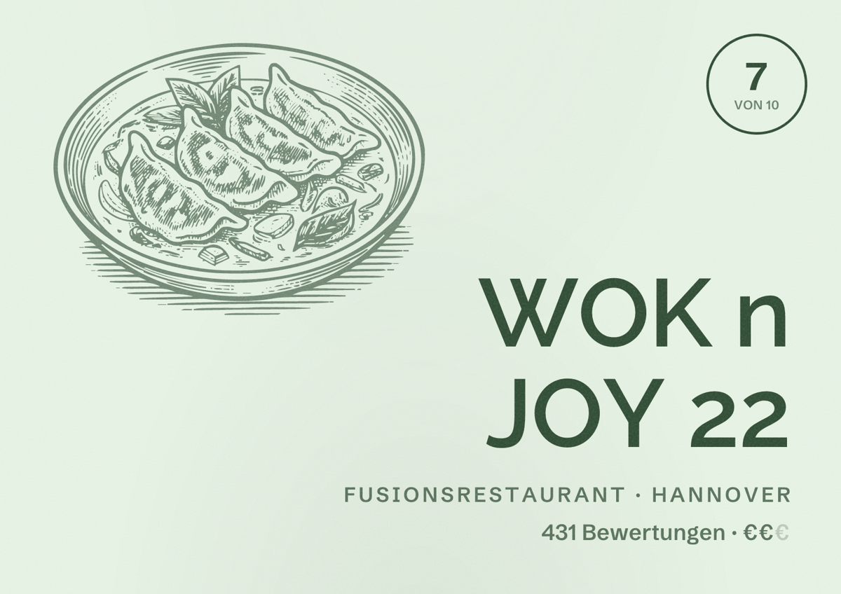 Illustriertes Poster von WOK n JOY 22, Fusionsrestaurant in Hannover: Bewertung 7 von 10 aus 431 Bewertungen, Preisniveau €€