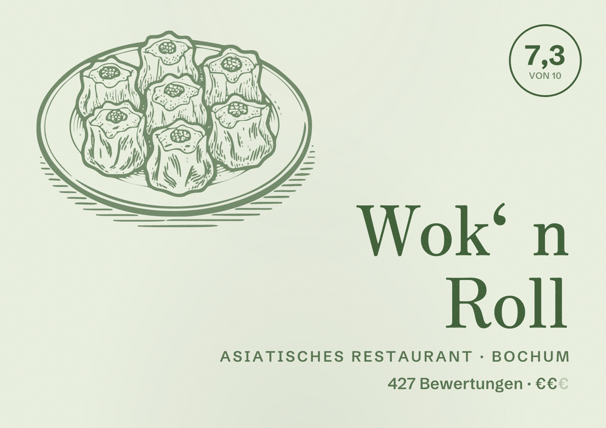 Illustriertes Poster von Wok‘ n Roll, Asiatisches Restaurant in Bochum: Bewertung 7,3 von 10 aus 427 Bewertungen, Preisniveau €€