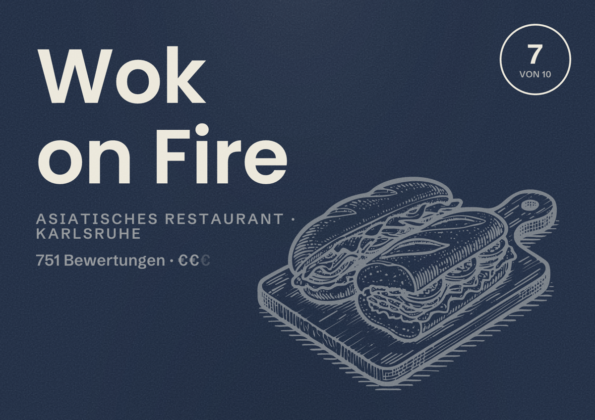 Illustriertes Poster von Wok on Fire, Asiatisches Restaurant in Karlsruhe: Bewertung 7 von 10 aus 751 Bewertungen, Preisniveau €€