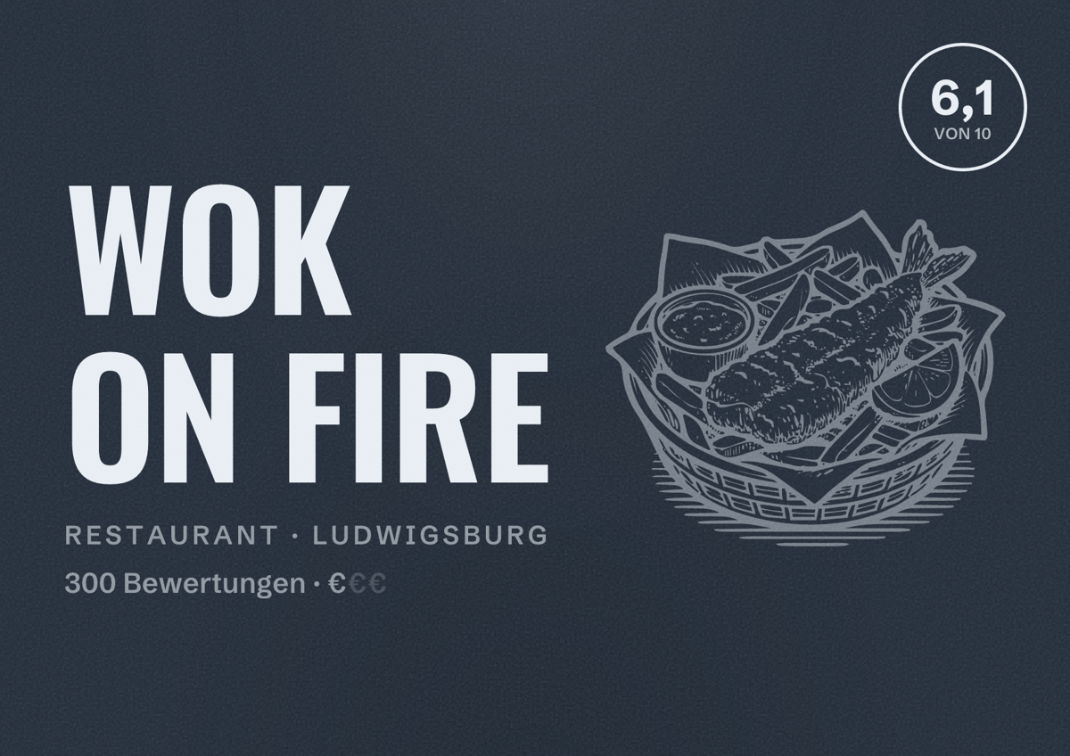 Illustriertes Poster von WOK ON FIRE, Restaurant in Ludwigsburg: Bewertung 6,1 von 10 aus 300 Bewertungen, Preisniveau €