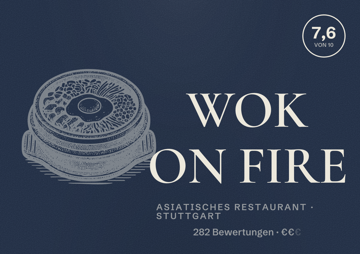 Illustriertes Poster von WOK ON FIRE, Asiatisches Restaurant in Stuttgart: Bewertung 7,6 von 10 aus 282 Bewertungen, Preisniveau €€