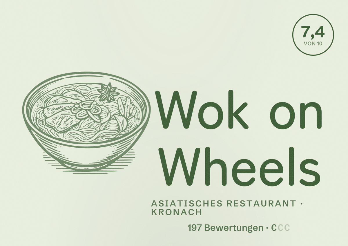 Illustriertes Poster von Wok on Wheels, Asiatisches Restaurant in Kronach: Bewertung 7,4 von 10 aus 197 Bewertungen, Preisniveau €