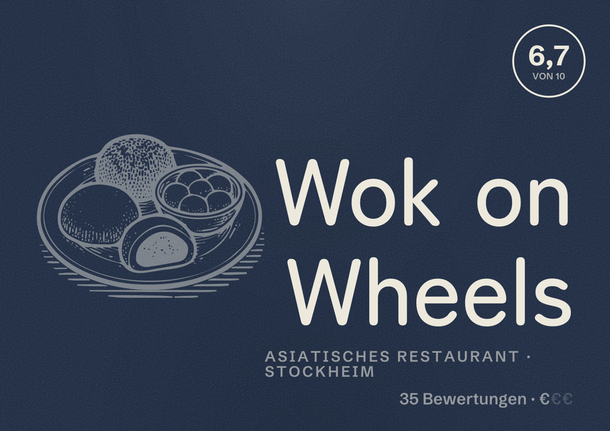 Illustriertes Poster von Wok on Wheels, Asiatisches Restaurant in Stockheim: Bewertung 6,7 von 10 aus 35 Bewertungen, Preisniveau €