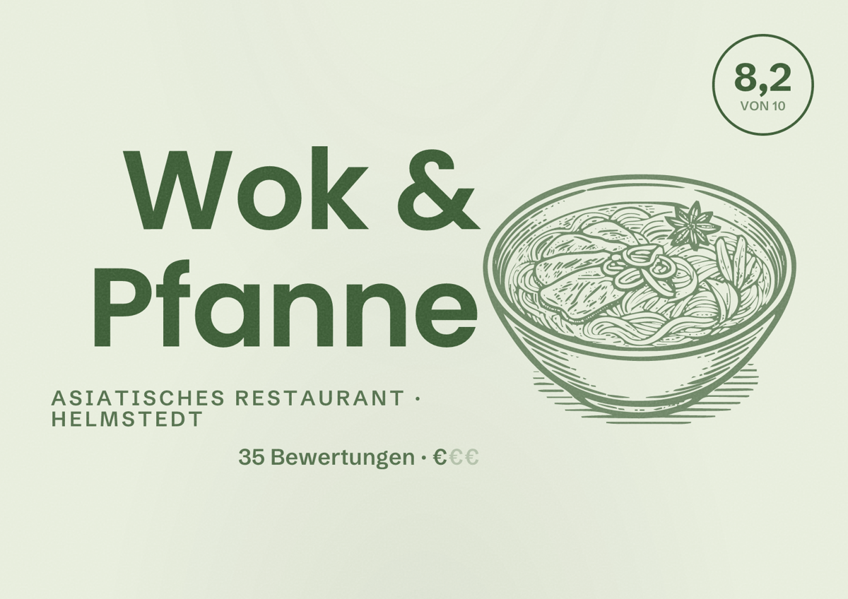 Illustriertes Poster von Wok & Pfanne, Asiatisches Restaurant in Helmstedt: Bewertung 8,2 von 10 aus 35 Bewertungen, Preisniveau €
