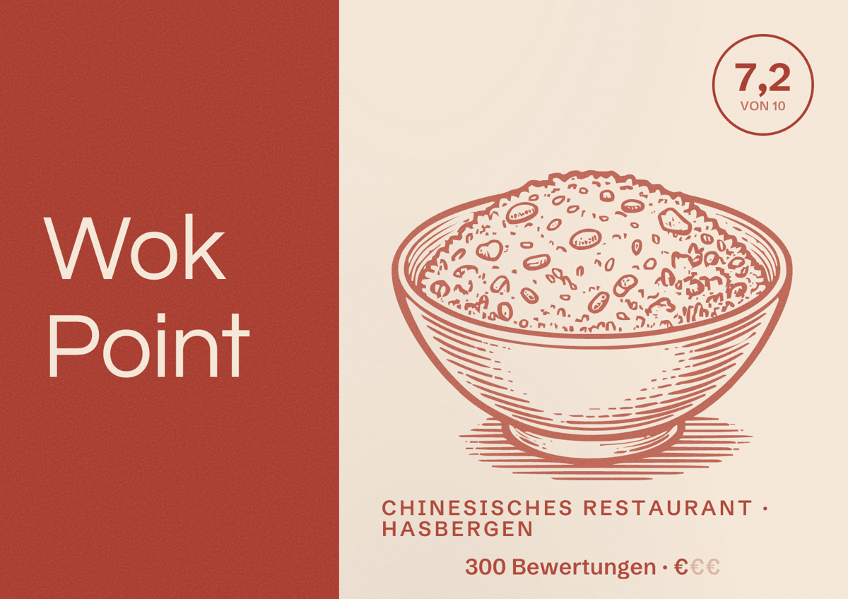 Illustriertes Poster von Wok Point, Chinesisches Restaurant in Hasbergen: Bewertung 7,2 von 10 aus 300 Bewertungen, Preisniveau €
