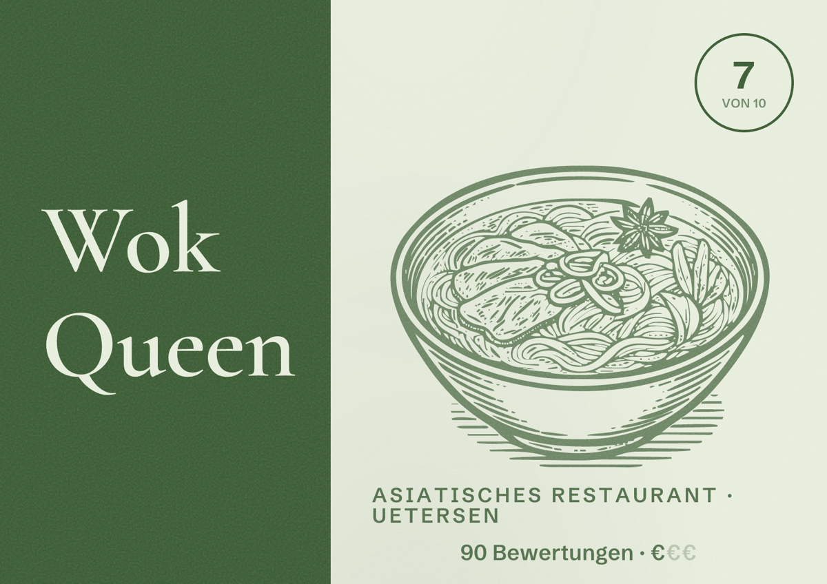 Illustriertes Poster von Wok Queen, Asiatisches Restaurant in Uetersen: Bewertung 7 von 10 aus 90 Bewertungen, Preisniveau €