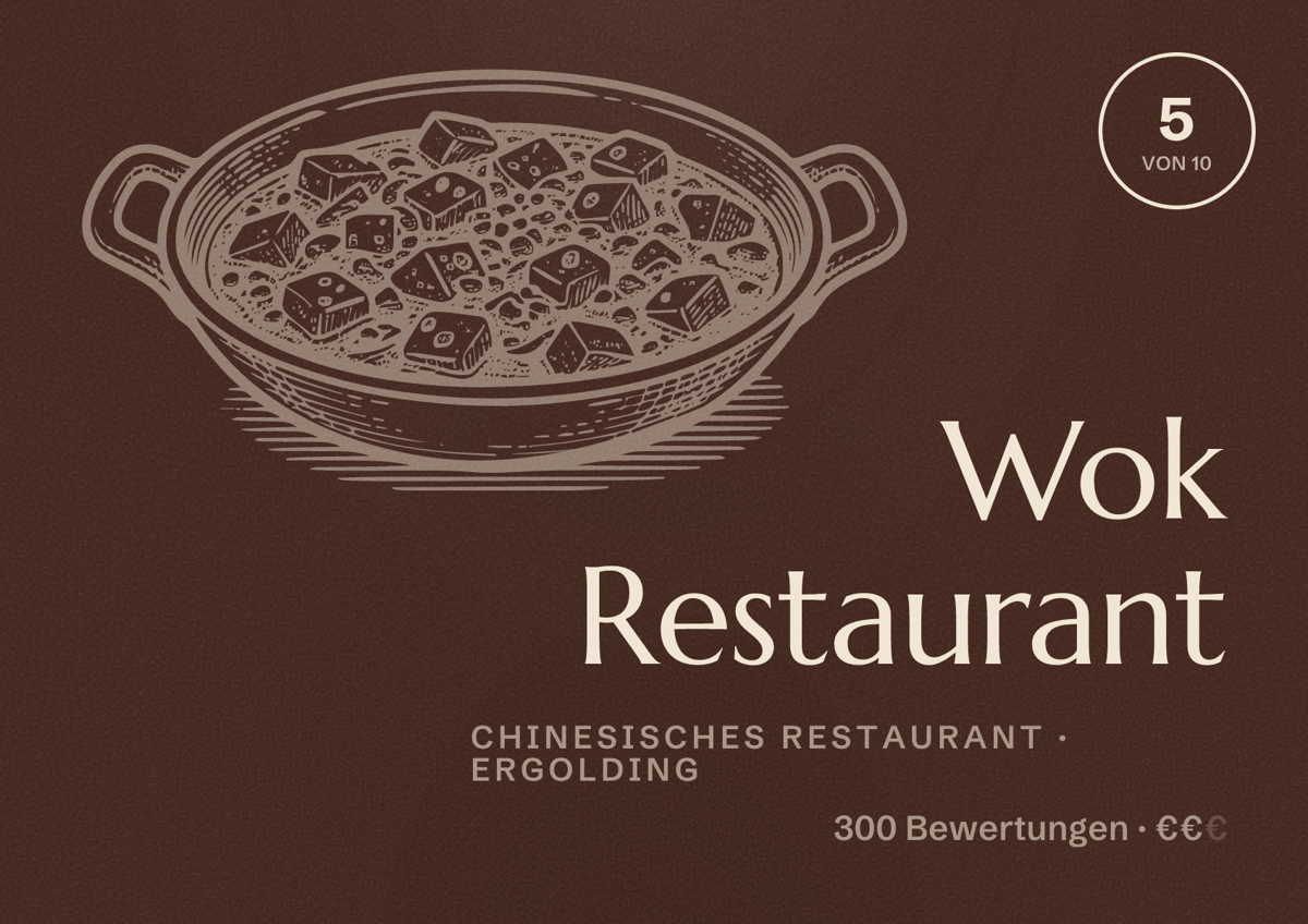 Illustriertes Poster von Wok Restaurant, Chinesisches Restaurant in Ergolding: Bewertung 5 von 10 aus 300 Bewertungen, Preisniveau €€