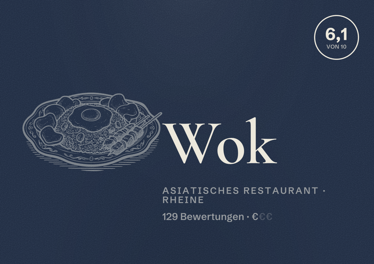 Illustriertes Poster von Wok, Asiatisches Restaurant in Rheine: Bewertung 6,1 von 10 aus 129 Bewertungen, Preisniveau €