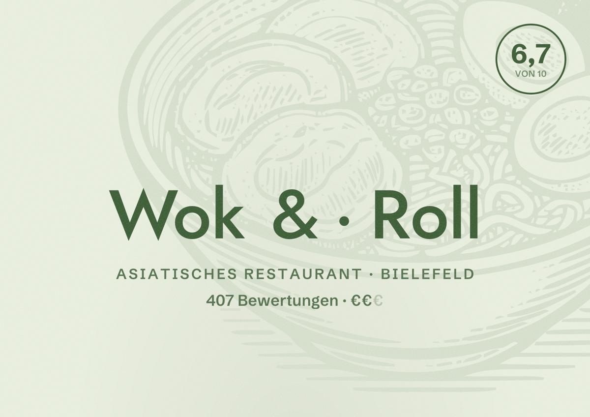 Illustriertes Poster von Wok & Roll, Asiatisches Restaurant in Bielefeld: Bewertung 6,7 von 10 aus 407 Bewertungen, Preisniveau €€