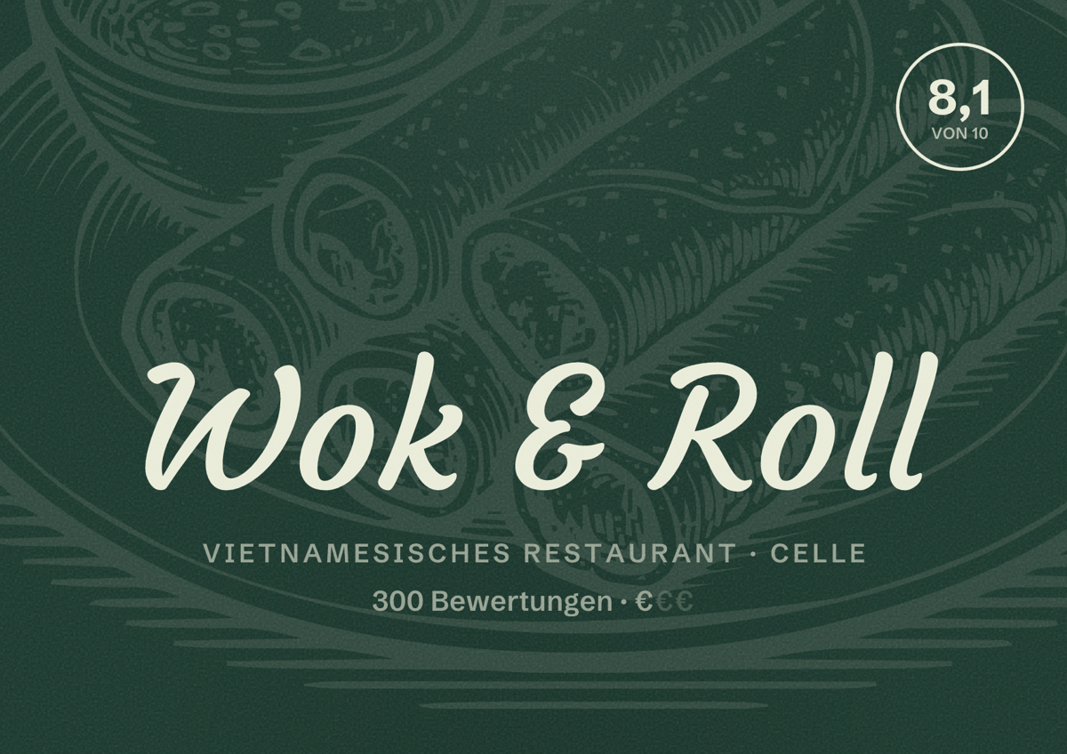Illustriertes Poster von Wok & Roll, Vietnamesisches Restaurant in Celle: Bewertung 8,1 von 10 aus 300 Bewertungen, Preisniveau €