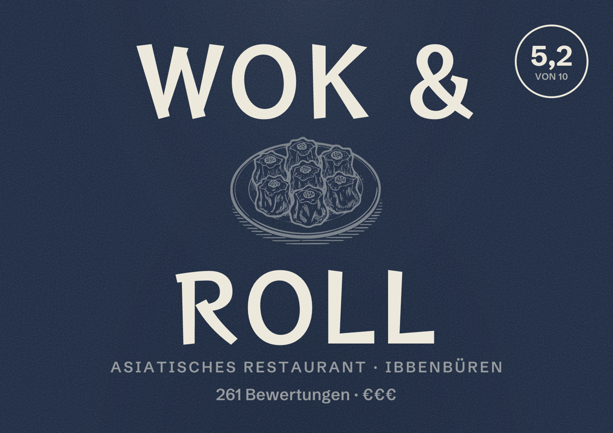 Illustriertes Poster von WOK & ROLL, Asiatisches Restaurant in Ibbenbüren: Bewertung 5,2 von 10 aus 261 Bewertungen, Preisniveau €€€