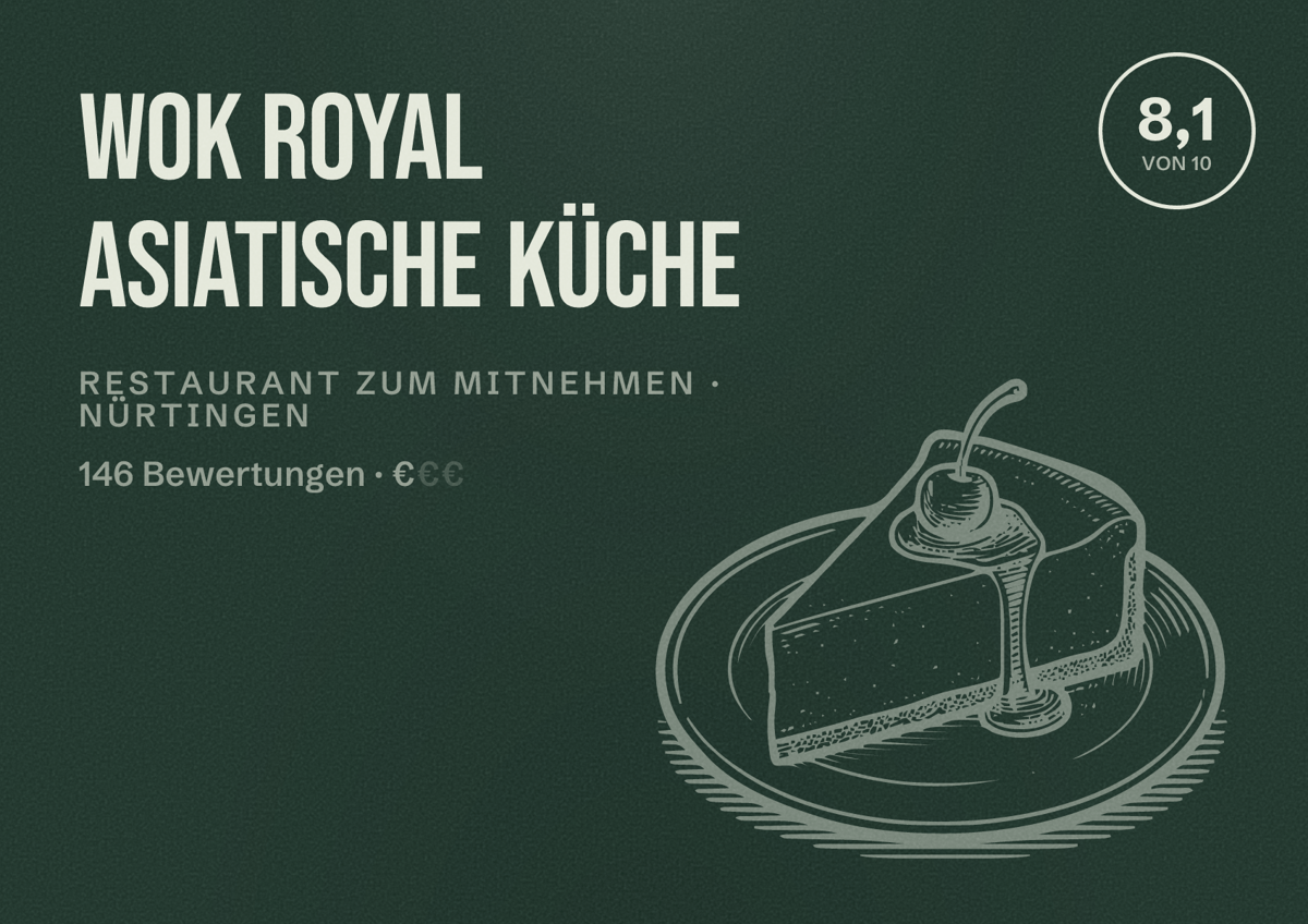 Illustriertes Poster von WOK ROYAL ASIATISCHE KÜCHE, Restaurant zum Mitnehmen in Nürtingen: Bewertung 8,1 von 10 aus 146 Bewertungen, Preisniveau €
