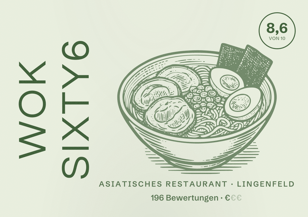 Illustriertes Poster von WOK SIXTY6, Asiatisches Restaurant in Lingenfeld: Bewertung 8,6 von 10 aus 196 Bewertungen, Preisniveau €