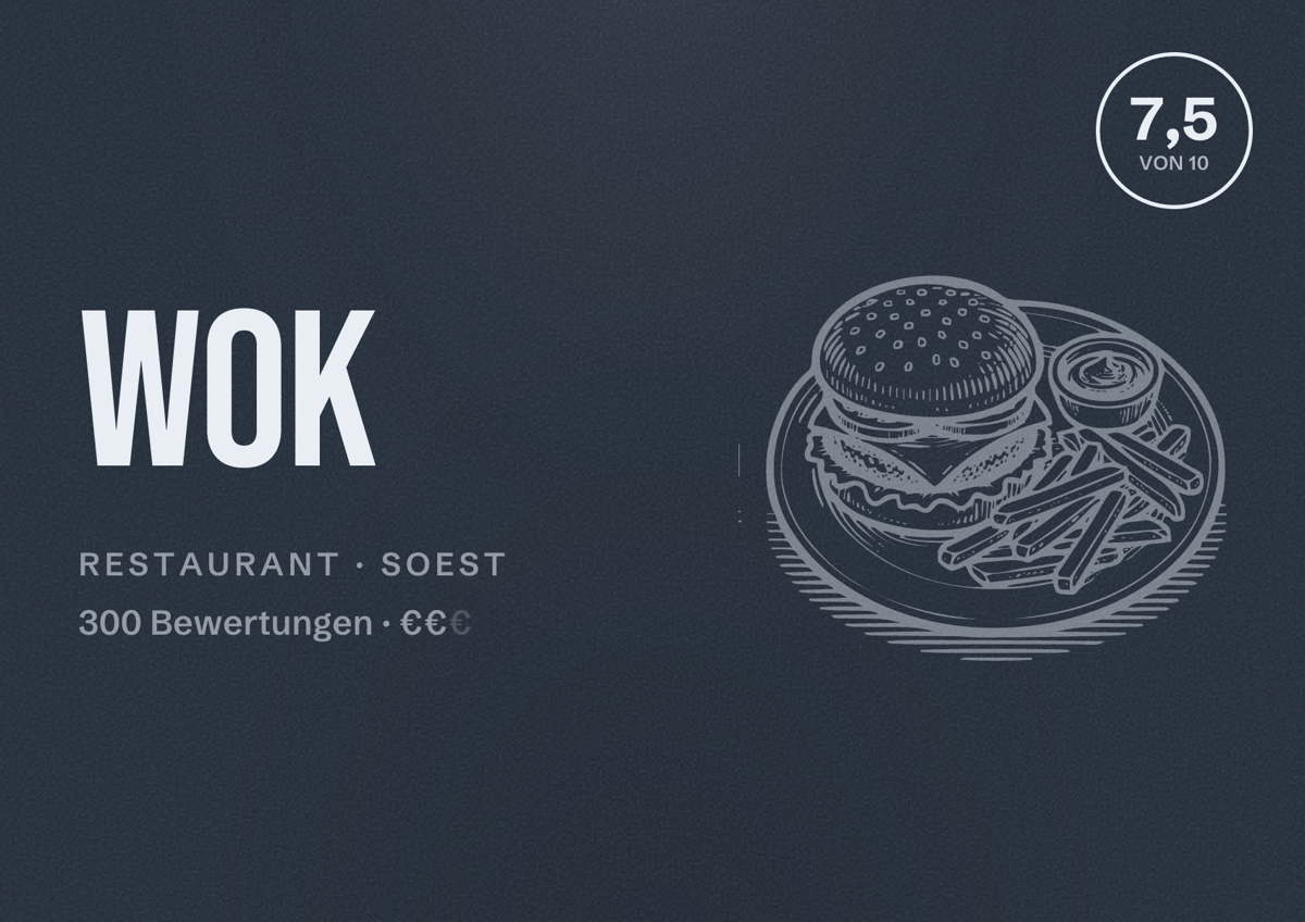 Illustriertes Poster von Wok, Restaurant in Soest: Bewertung 7,5 von 10 aus 300 Bewertungen, Preisniveau €€