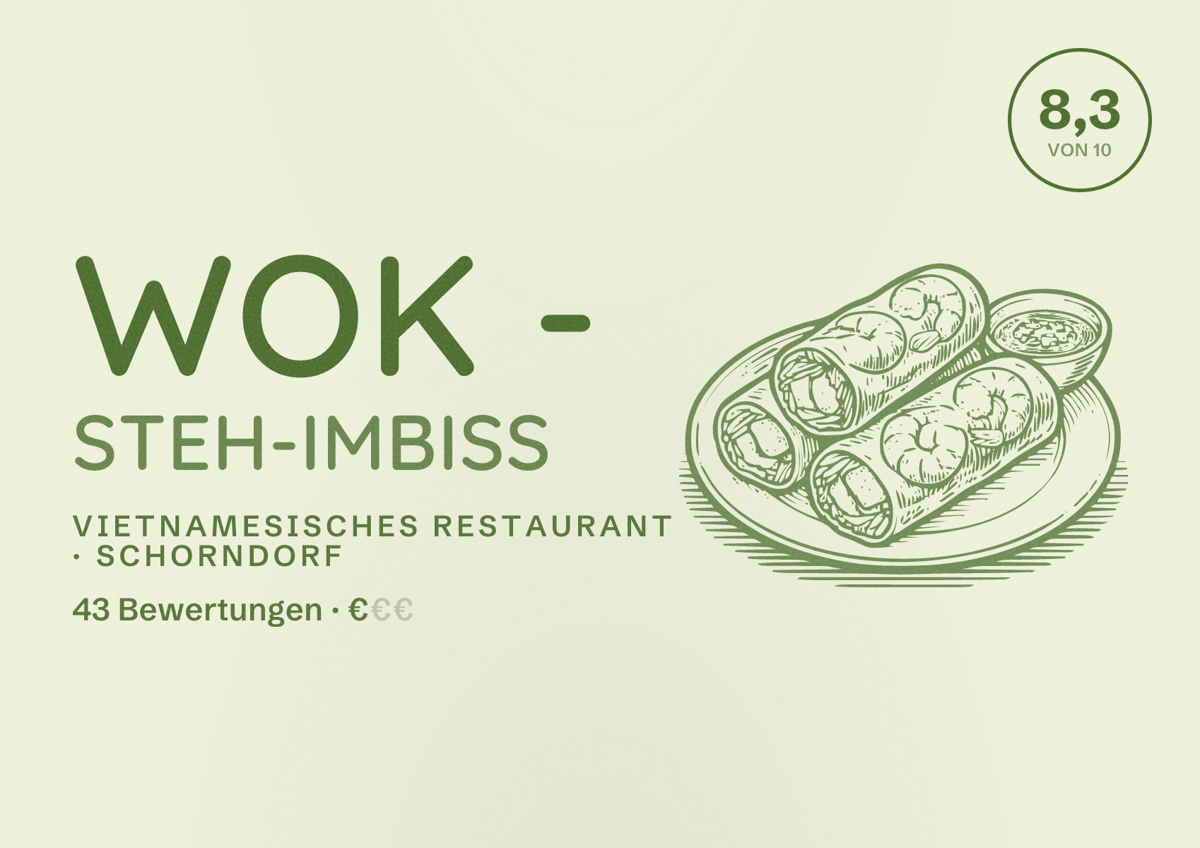 Illustriertes Poster von WOK - Steh-Imbiss, Vietnamesisches Restaurant in Schorndorf: Bewertung 8,3 von 10 aus 43 Bewertungen, Preisniveau €