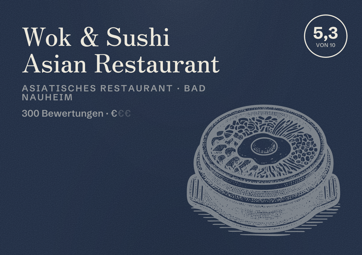 Illustriertes Poster von Wok & Sushi Asian Restaurant, Asiatisches Restaurant in Bad Nauheim: Bewertung 5,3 von 10 aus 300 Bewertungen, Preisniveau €