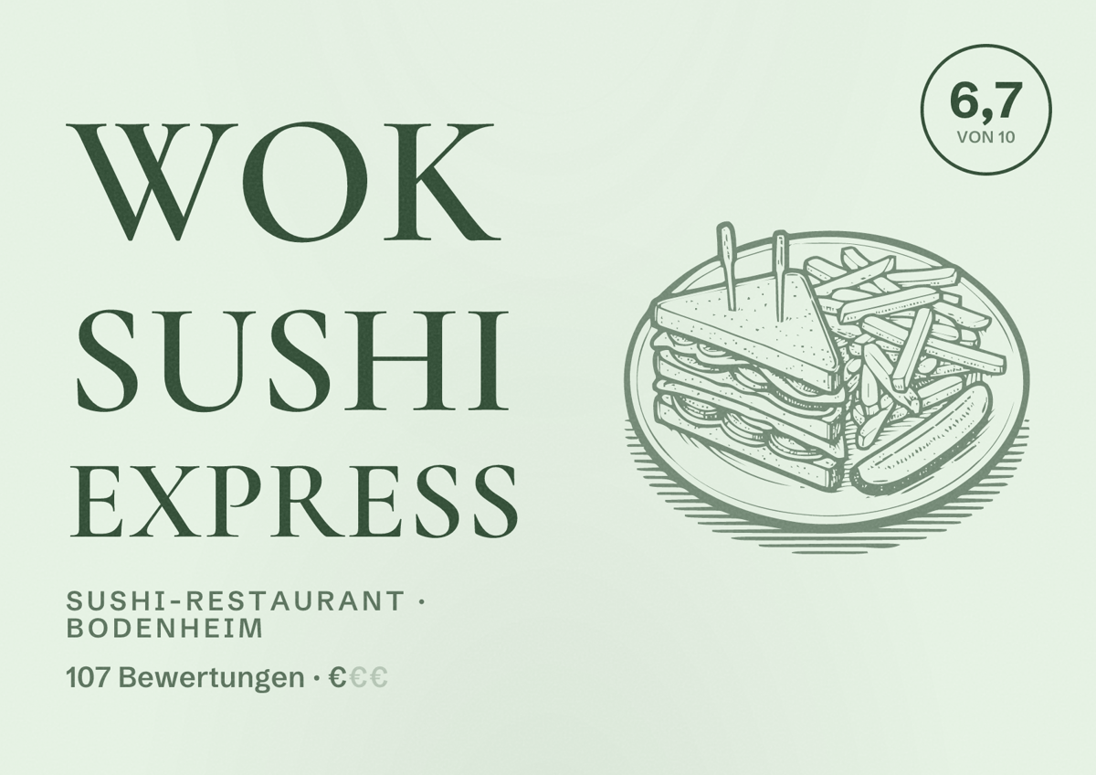 Illustriertes Poster von Wok Sushi Express, Sushi-Restaurant in Bodenheim: Bewertung 6,7 von 10 aus 107 Bewertungen, Preisniveau €