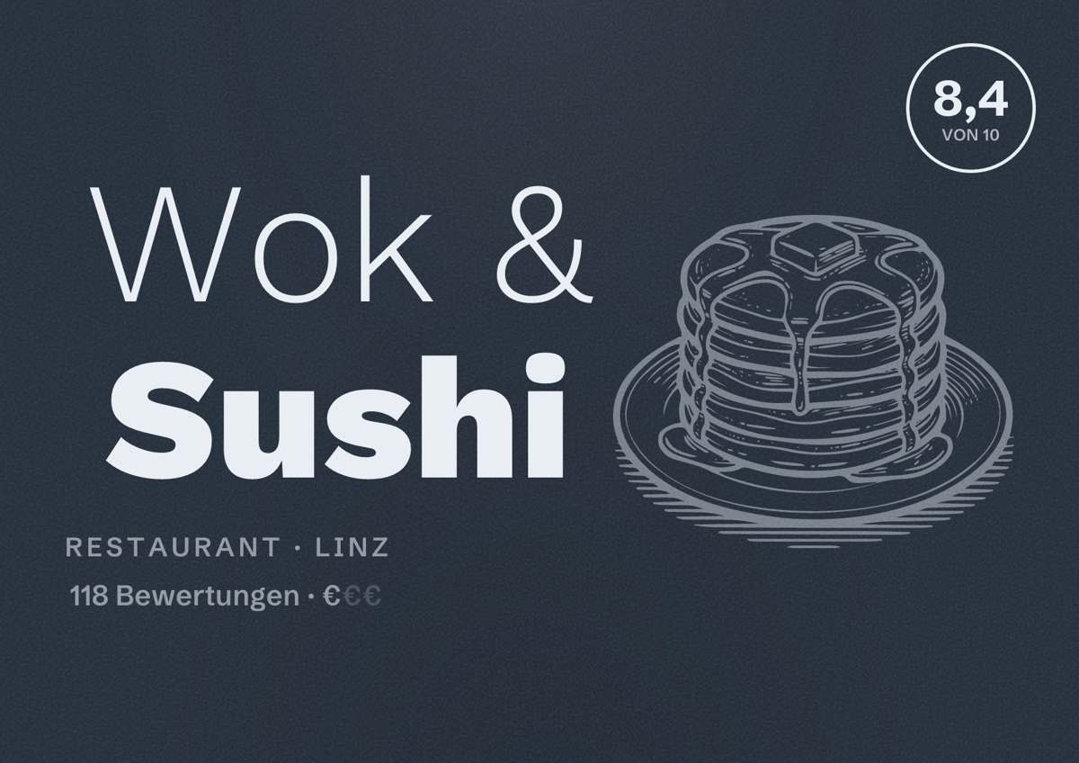 Illustriertes Poster von Wok & Sushi, Restaurant in Linz: Bewertung 8,4 von 10 aus 118 Bewertungen, Preisniveau €