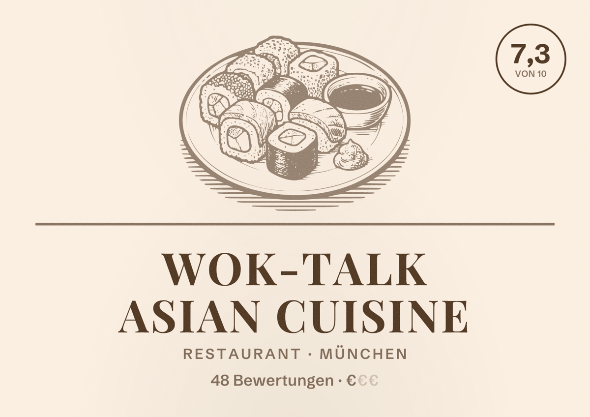 Illustriertes Poster von Wok-Talk Asian Cuisine, Restaurant in München: Bewertung 7,3 von 10 aus 48 Bewertungen, Preisniveau €