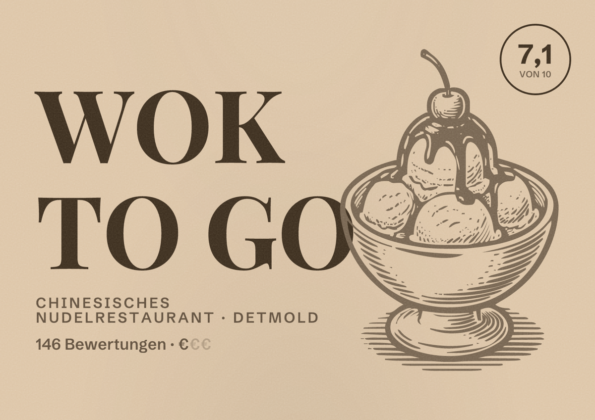 Illustriertes Poster von WOK TO GO, Chinesisches Nudelrestaurant in Detmold: Bewertung 7,1 von 10 aus 146 Bewertungen, Preisniveau €