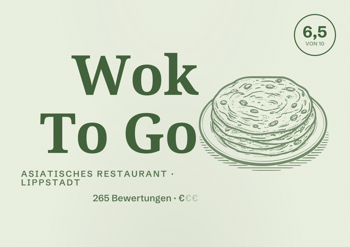 Illustriertes Poster von Wok To Go, Asiatisches Restaurant in Lippstadt: Bewertung 6,5 von 10 aus 265 Bewertungen, Preisniveau €