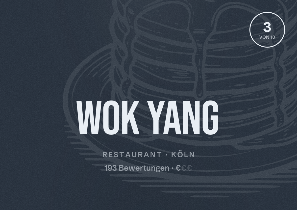 Illustriertes Poster von Wok Yang, Restaurant in Köln: Bewertung 3,0 von 10 aus 193 Bewertungen, Preisniveau €