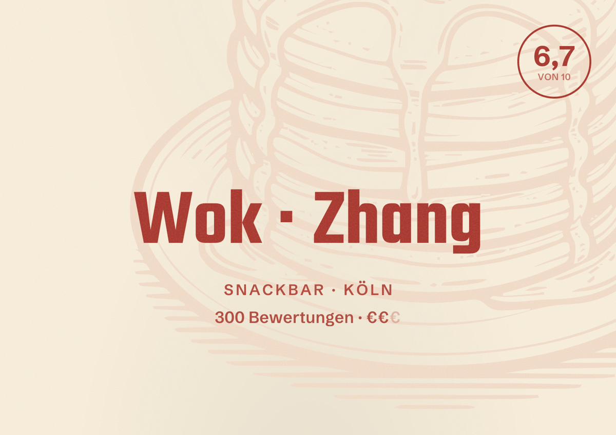 Illustriertes Poster von Wok Zhang, Snackbar in Köln: Bewertung 6,7 von 10 aus 300 Bewertungen, Preisniveau €€