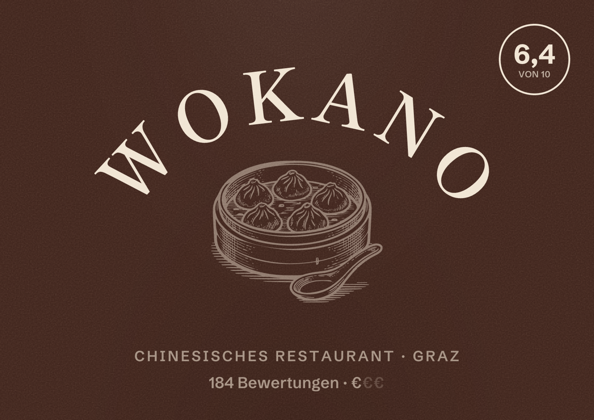 Illustriertes Poster von WOKANO, Chinesisches Restaurant in Graz: Bewertung 6,4 von 10 aus 184 Bewertungen, Preisniveau €