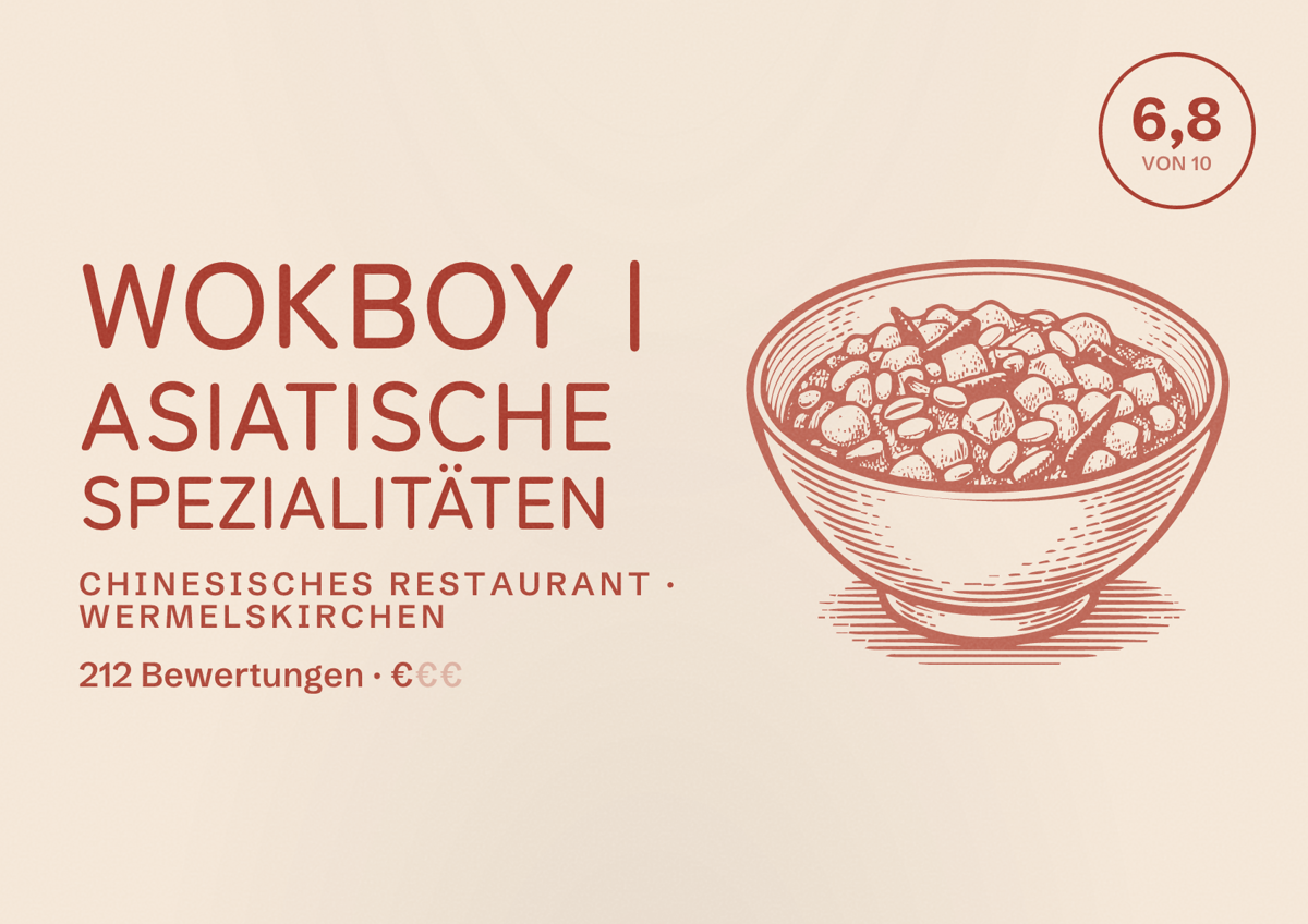 Illustriertes Poster von WOKBOY | Asiatische Spezialitäten, Chinesisches Restaurant in Wermelskirchen: Bewertung 6,8 von 10 aus 212 Bewertungen, Preisniveau €