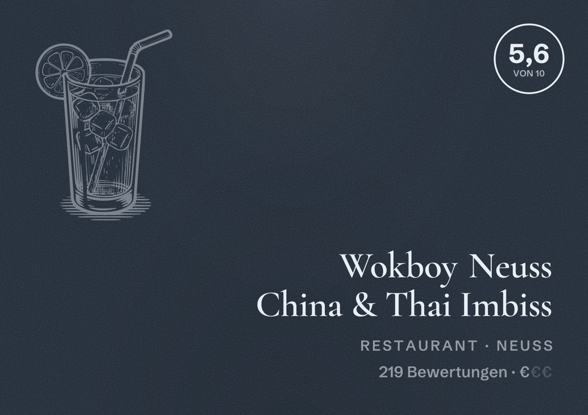 Illustriertes Poster von Wokboy Neuss China & Thai Imbiss, Restaurant in Neuss: Bewertung 5,6 von 10 aus 219 Bewertungen, Preisniveau €