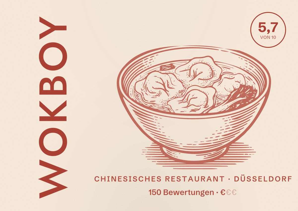 Illustriertes Poster von Wokboy, Chinesisches Restaurant in Düsseldorf: Bewertung 5,7 von 10 aus 150 Bewertungen, Preisniveau €