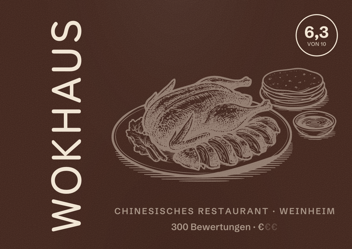 Illustriertes Poster von WOKHAUS, Chinesisches Restaurant in Weinheim: Bewertung 6,3 von 10 aus 300 Bewertungen, Preisniveau €