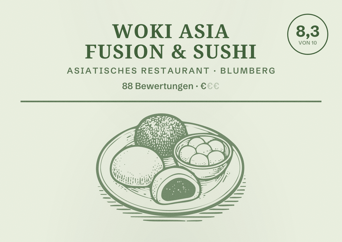 Illustriertes Poster von WOKI Asia Fusion & Sushi, Asiatisches Restaurant in Blumberg: Bewertung 8,3 von 10 aus 88 Bewertungen, Preisniveau €