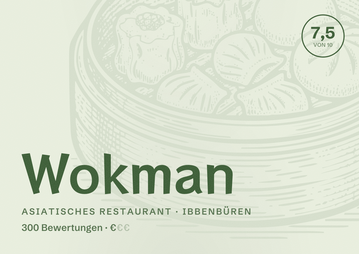 Illustriertes Poster von Wokman, Asiatisches Restaurant in Ibbenbüren: Bewertung 7,5 von 10 aus 300 Bewertungen, Preisniveau €