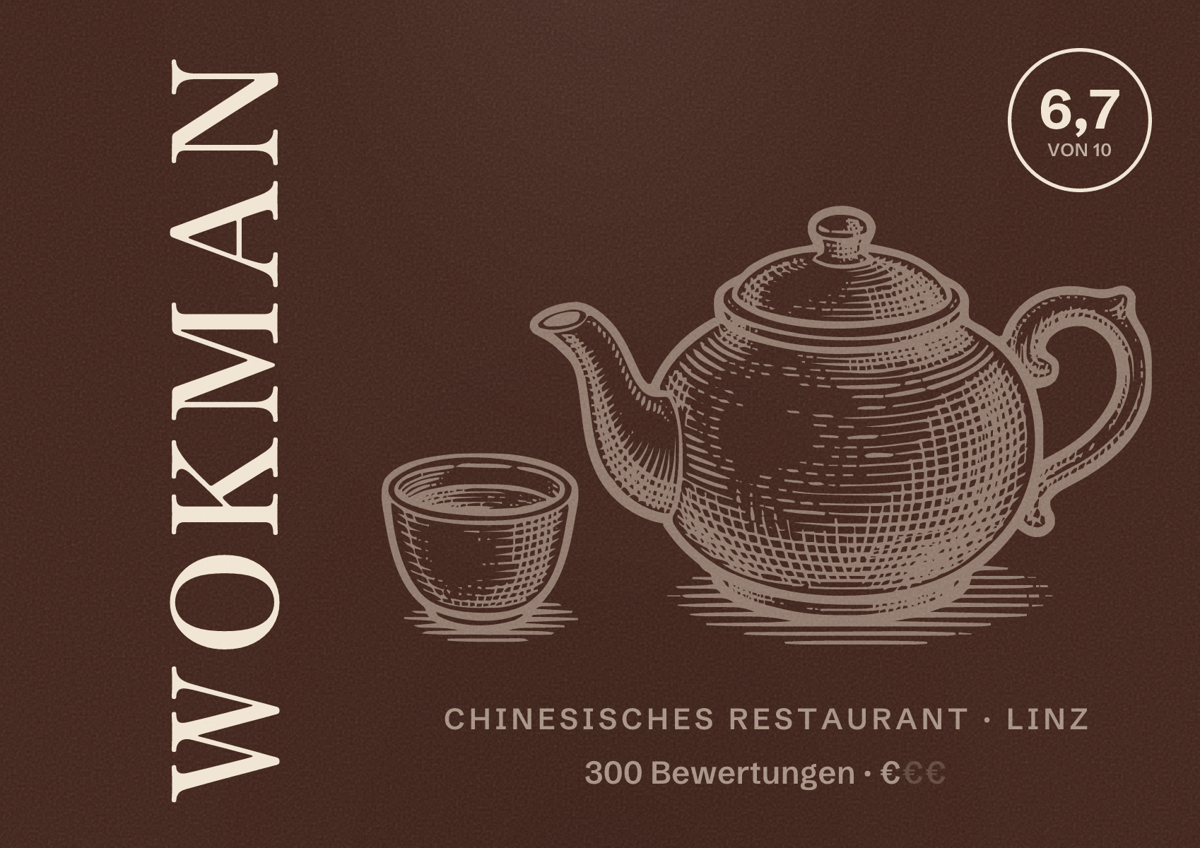 Illustriertes Poster von Wokman, Chinesisches Restaurant in Linz: Bewertung 6,7 von 10 aus 300 Bewertungen, Preisniveau €