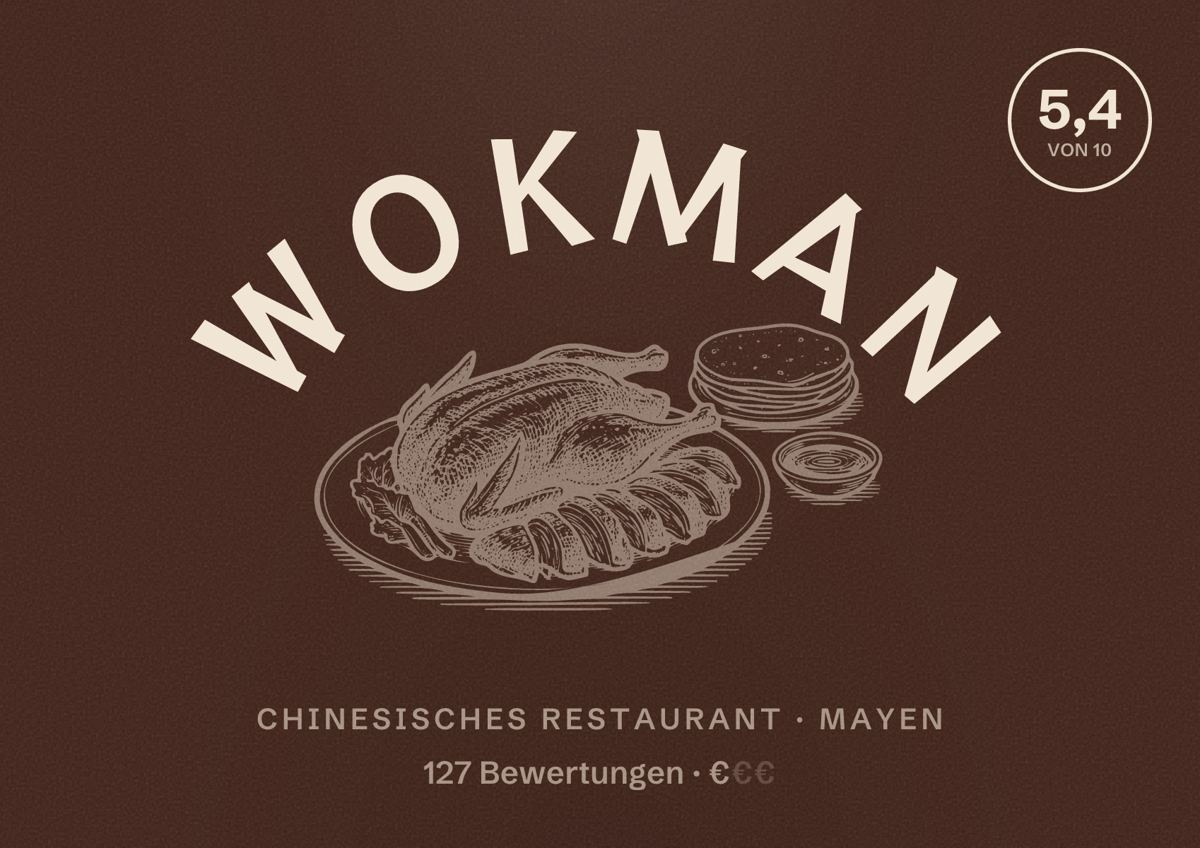 Illustriertes Poster von Wokman, Chinesisches Restaurant in Mayen: Bewertung 5,4 von 10 aus 127 Bewertungen, Preisniveau €