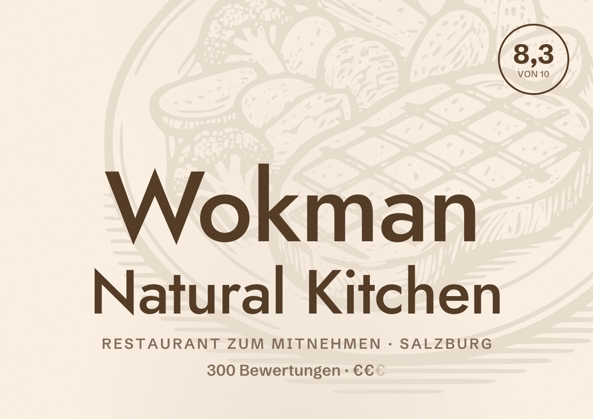 Illustriertes Poster von Wokman Natural Kitchen, Restaurant zum Mitnehmen in Salzburg: Bewertung 8,3 von 10 aus 300 Bewertungen, Preisniveau €€