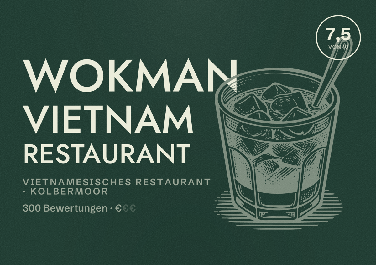 Illustriertes Poster von Wokman Vietnam Restaurant, Vietnamesisches Restaurant in Kolbermoor: Bewertung 7,5 von 10 aus 300 Bewertungen, Preisniveau €