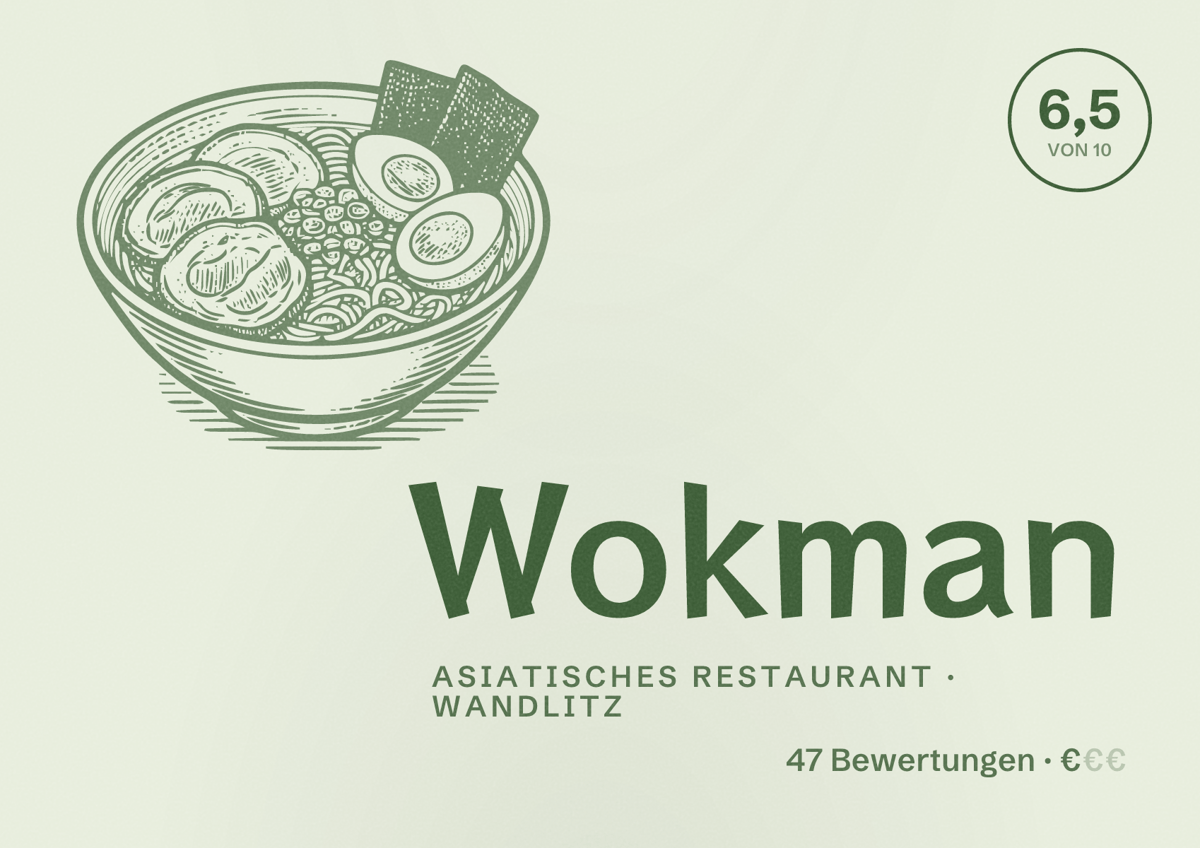 Illustriertes Poster von Wokman, Asiatisches Restaurant in Wandlitz: Bewertung 6,5 von 10 aus 47 Bewertungen, Preisniveau €