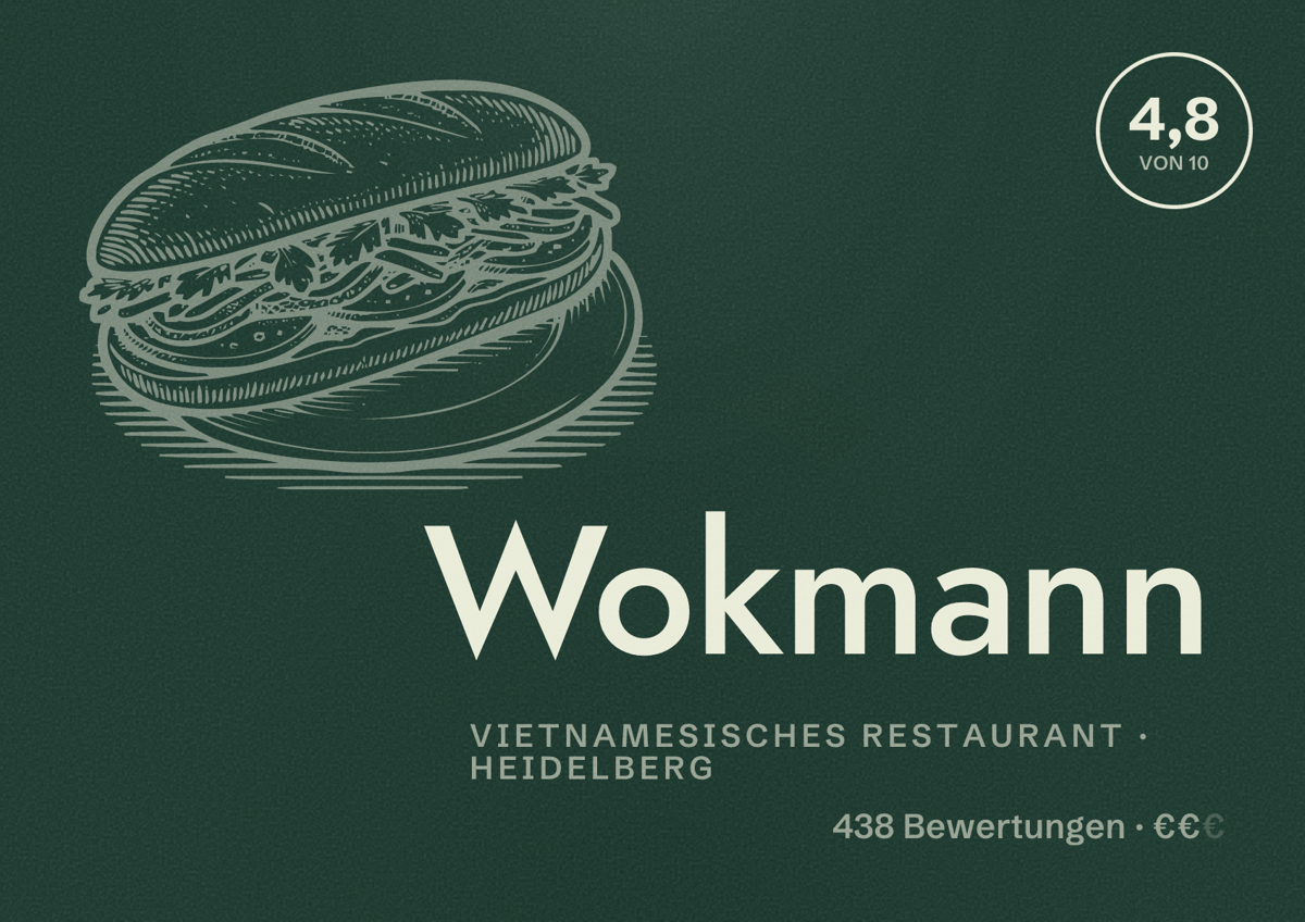 Illustriertes Poster von Wokmann, Vietnamesisches Restaurant in Heidelberg: Bewertung 4,8 von 10 aus 438 Bewertungen, Preisniveau €€