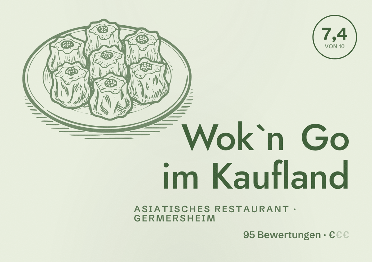 Illustriertes Poster von Wok`n Go im Kaufland, Asiatisches Restaurant in Germersheim: Bewertung 7,4 von 10 aus 95 Bewertungen, Preisniveau €