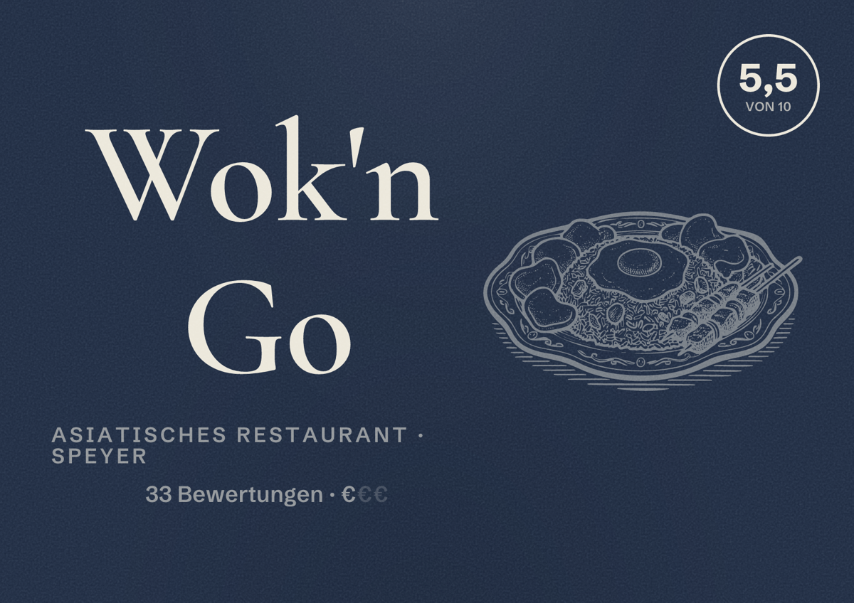 Illustriertes Poster von Wok'n Go, Asiatisches Restaurant in Speyer: Bewertung 5,5 von 10 aus 33 Bewertungen, Preisniveau €