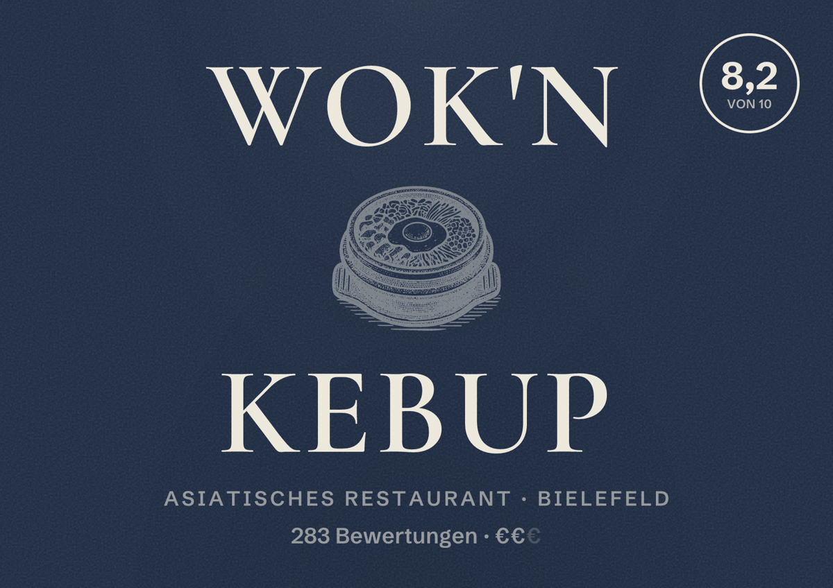 Illustriertes Poster von Wok'n Kebup, Asiatisches Restaurant in Bielefeld: Bewertung 8,2 von 10 aus 283 Bewertungen, Preisniveau €€