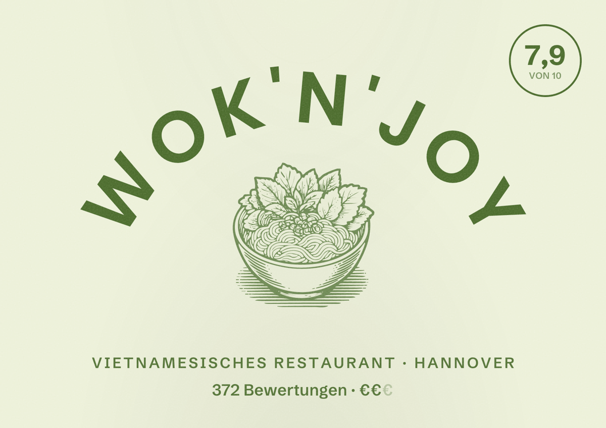 Illustriertes Poster von Wok'n'Joy, Vietnamesisches Restaurant in Hannover: Bewertung 7,9 von 10 aus 372 Bewertungen, Preisniveau €€