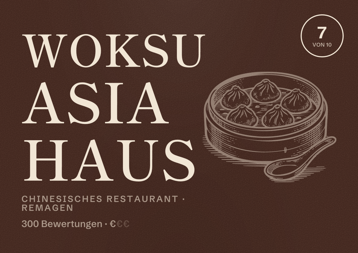 Illustriertes Poster von WokSu Asia Haus, Chinesisches Restaurant in Remagen: Bewertung 7 von 10 aus 300 Bewertungen, Preisniveau €
